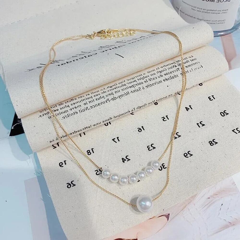 White‎ Faux Pearl Double Gold Tone Necklace Boho Chic Elegant Formal Feminine